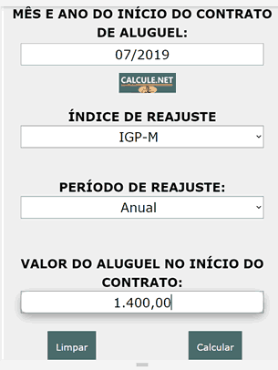 Selecione o índice, o período de reajuste e digite o valor do aluguel para reajuste