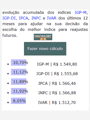 Clique em fazer novo cálculo para recomeçar