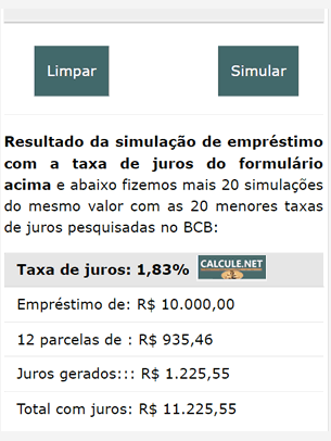 Sua simulação de empréstimo foi feita e mais 20 simulações com as menores taxas de juros