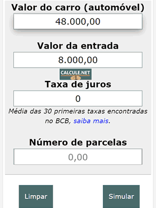 Insira o valor do veículo financiado e o valor que vai dar de entrada