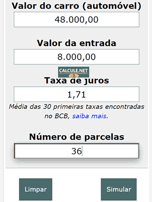 Altere a taxa de juros se necessário, digite o número de parcelas e clique em simular