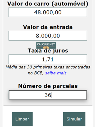 Altere a taxa de juros se necessário, digite o número de parcelas e clique em simular Altere a taxa de juros se necessário, digite o número de parcelas e clique em simular