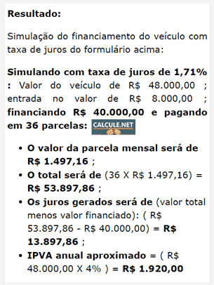 Visualize o valor da parcela, os juros gerados, o IPVA aproximado e o valor total com a taxa de juros inserida