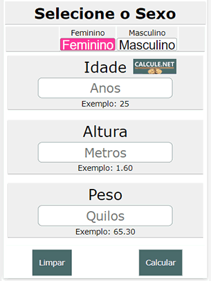 Selecione na Calculadora de IMC o sexo: Masculino ou Feminino