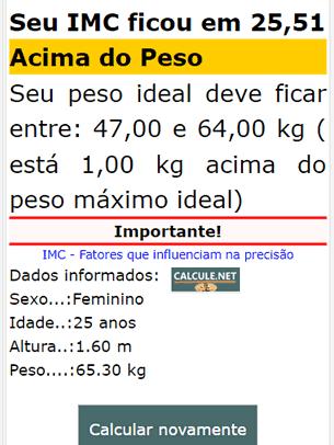 Cálculo IMC concluído, veja o resultado