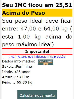 Cálculo IMC concluído, veja o resultado Cálculo IMC concluído, veja o resultado