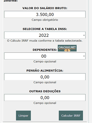 Digite o valor do salário bruto, o INSS é descontado automaticamente