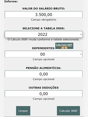 Selecione a Tabela INSS: O Cálculo IRRF muda conforme a tabela INSS selecionada