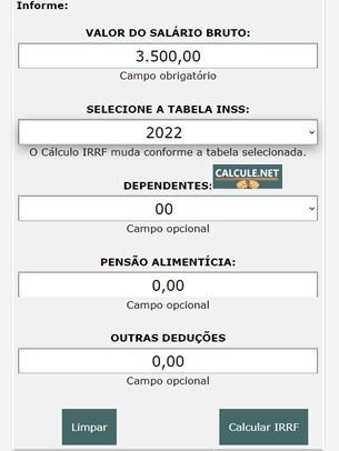 Selecione a Tabela INSS: O Cálculo IRRF muda conforme a tabela INSS selecionada Selecione a Tabela INSS: O Cálculo IRRF muda conforme a tabela INSS selecionada