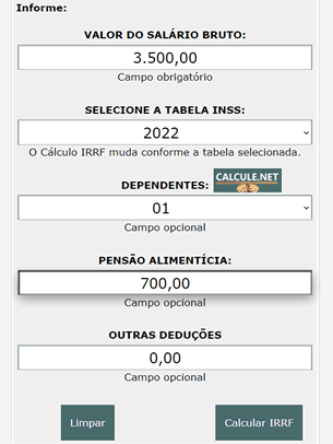 Se desejar, preencha os campos opcionais, dependentes, Pensão alimentícia, outras deduções e clique em Calcular IRRF