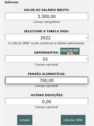 Se desejar, preencha os campos opcionais, dependentes, Pensão alimentícia, outras deduções e clique em Calcular IRRF Se desejar, preencha os campos opcionais, dependentes, Pensão alimentícia, outras deduções e clique em Calcular IRRF