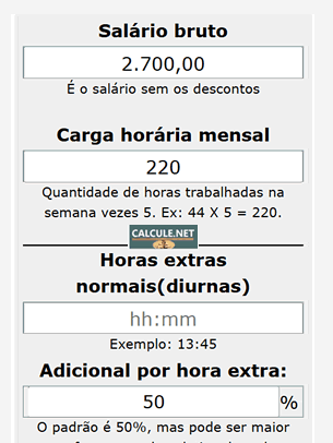Salário bruto e carga horária mensal