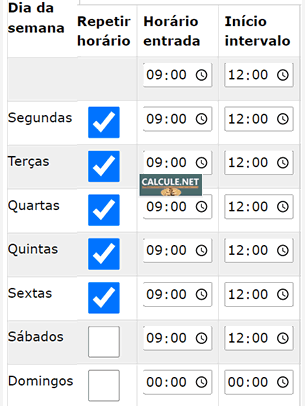 Insira a escala de trabalho com as horas no formato hh:mm (horas:minutos), configure o adicional de hora extra e o adicional noturno