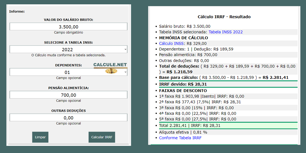 Calculadora IRRF, Imposto de Renda - Calcule.net Calculadora IRRF, Imposto de Renda - Calcule.net
