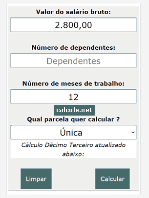 Selecione a parcela do Décimo Terceiro, primeira, segunda ou única e clique em Calcular