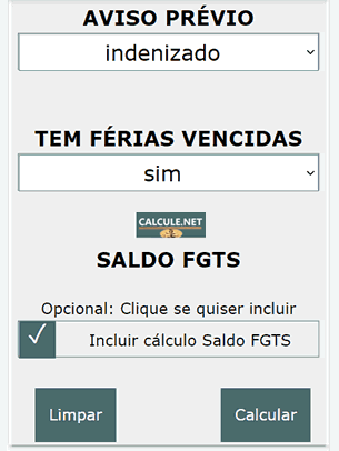 Selecione de Aviso prévio à FGTS(Opcional)