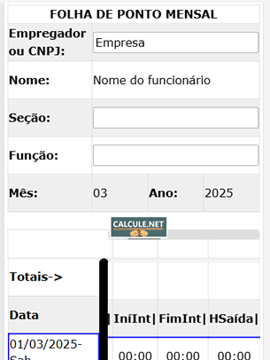 Visualize a folha de ponto para copiar ou imprimir